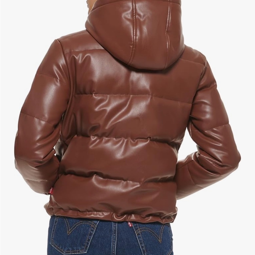 Levi’s Vegan Leather Quilted Hooded Puffer | Dark Brown | Size Large - Picture 2 of 12